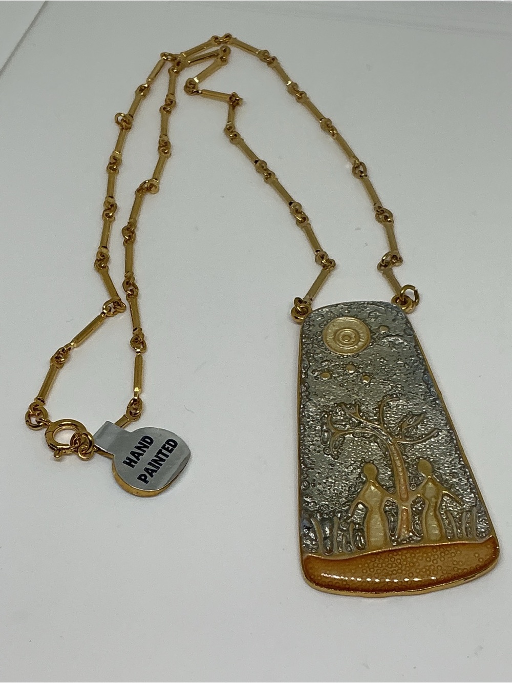 VTG Gold Tone Pendant Necklace Primitive Tribal Tree Figures Sun Motif